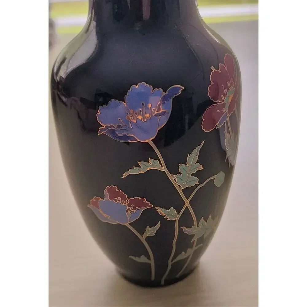 Japanese Black Floral Vase Gold Trim Poppy Design 6
